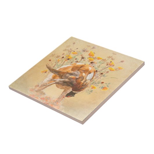 Brittany Spaniel, Hunting Pheasant Coffee Mok T-Sh Tegeltje (Zijkant)