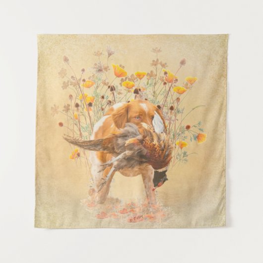 Brittany Spaniel, Hunting Pheasant Coffee Mok T-Sh Wandkleed (Voorkant)