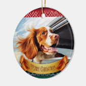 Brittany spaniel in autoruit keramisch ornament (Links)