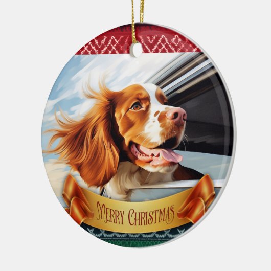 Brittany spaniel in autoruit keramisch ornament (Links)