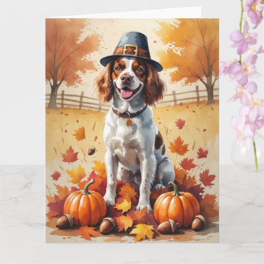 Brittany Spaniel in de herfst verlaat Thanksgiving Kaart (Orchidee)