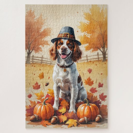 Brittany Spaniel in Herfstbladeren Thanksgiving Ku Legpuzzel (Verticaal)