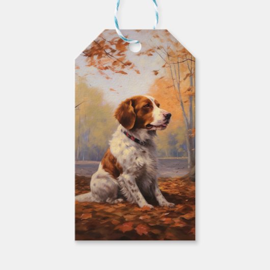 Brittany Spaniel in herfstbladeren val inspireert Cadeaulabel (Voorkant)