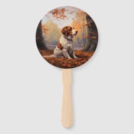Brittany Spaniel in herfstbladeren val inspireert Handwaaier (Voorkant)