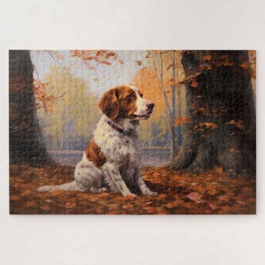 Brittany Spaniel in herfstbladeren val inspireert Legpuzzel (Horizontaal)