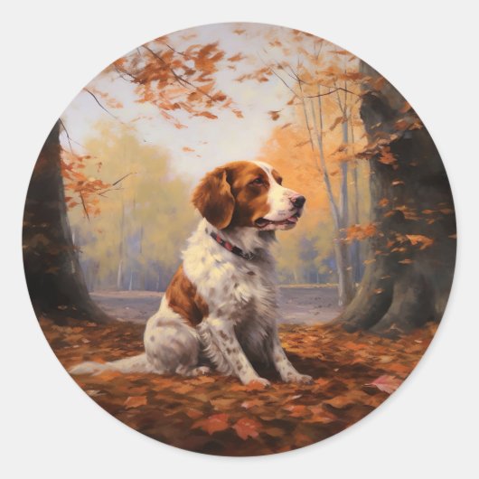 Brittany Spaniel in herfstbladeren val inspireert Ronde Sticker (Voorkant)