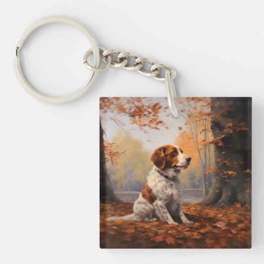 Brittany Spaniel in herfstbladeren val inspireert Sleutelhanger (Voorkant)