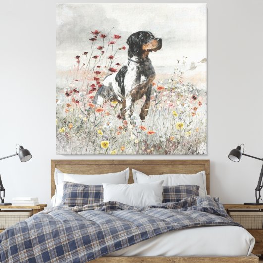 Brittany Spaniel jaagt in het veld Canvas Afdruk (Insitu (Slaapkamer))