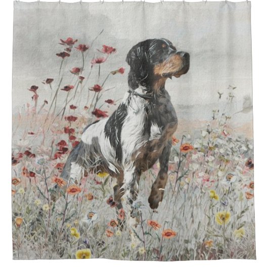 Brittany Spaniel jaagt in het veld Douchegordijn (Voorkant)