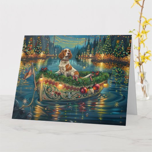 Brittany Spaniel Kerst Feestelijke reis Kaart (Gele Bloem)