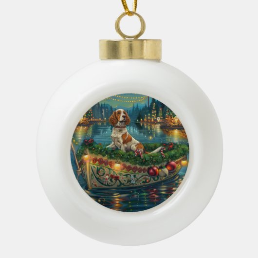 Brittany Spaniel Kerst Feestelijke reis Keramische Bal Ornament (Voorkant)