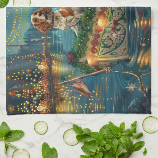 Brittany Spaniel Kerst Feestelijke reis Theedoek (Gevouwen)