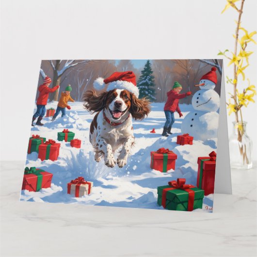 Brittany Spaniel Kerst Festieve Sneeuw Scene Kaart (Gele Bloem)