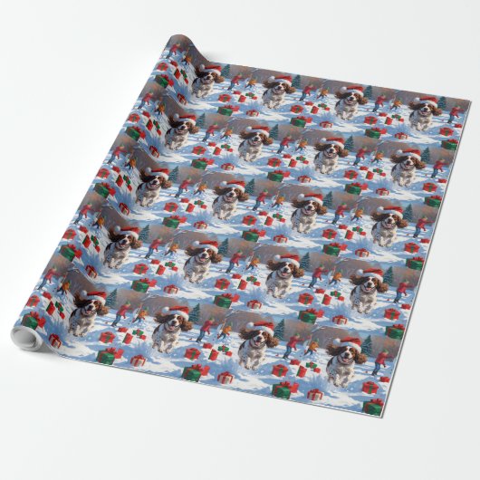 Brittany Spaniel Kerst Sneeuwlandschap Cadeaupapier (Uitgerold)