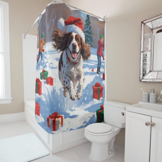 Brittany Spaniel Kerst Sneeuwlandschap Douchegordijn (In situ)