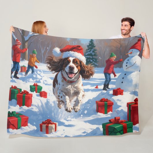 Brittany Spaniel Kerst Sneeuwlandschap Fleece Deken (In situ)
