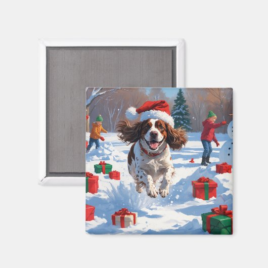 Brittany Spaniel Kerst Sneeuwlandschap Magneet (Voorkant / Achterkant)