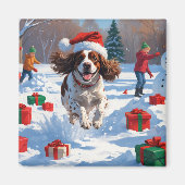 Brittany Spaniel Kerst Sneeuwlandschap Magneet (Voorkant)