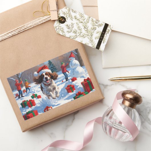 Brittany Spaniel Kerst Sneeuwlandschap Rechthoekige Sticker (Geschenken)