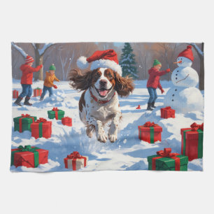 Brittany Spaniel Kerst Sneeuwlandschap Theedoek