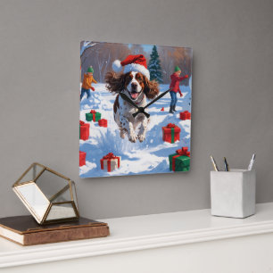 Brittany Spaniel Kerst Sneeuwlandschap Vierkante Klok