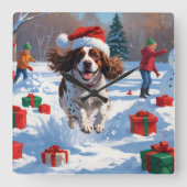 Brittany Spaniel Kerst Sneeuwlandschap Vierkante Klok (Voorkant)