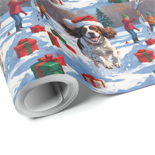 Brittany Spaniel Kerstfeest Sneeuwscène Cadeaupapier (Rol Hoek)