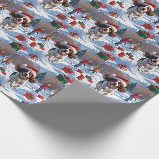 Brittany Spaniel Kerstfeest Sneeuwscène Cadeaupapier (Hoek)