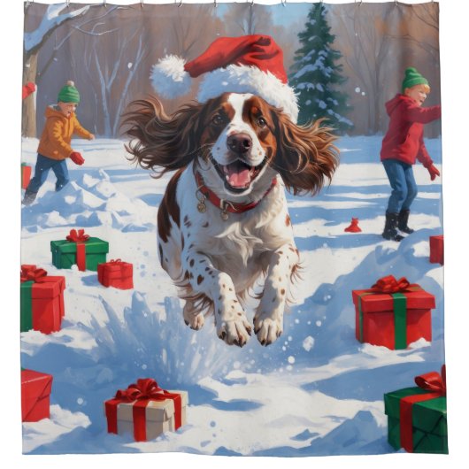 Brittany Spaniel Kerstfeest Sneeuwscène Douchegordijn (Voorkant)