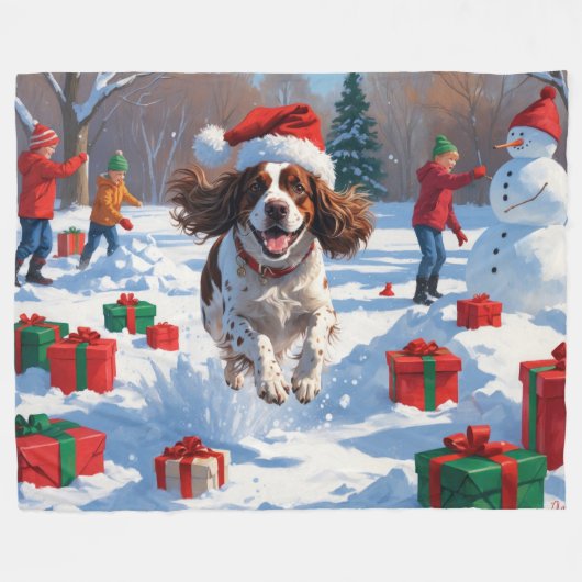 Brittany Spaniel Kerstfeest Sneeuwscène Fleece Deken (Voorkant (Horizontaal))