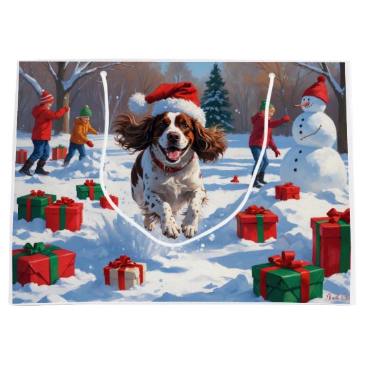 Brittany Spaniel Kerstfeest Sneeuwscène Groot Cadeauzakje (Voorkant)