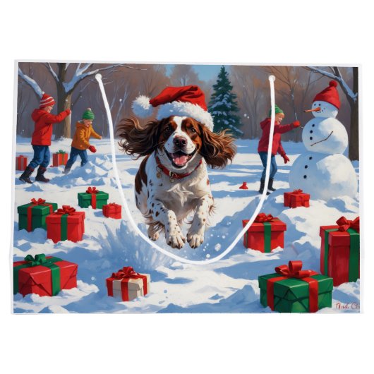 Brittany Spaniel Kerstfeest Sneeuwscène Groot Cadeauzakje (Achterkant)