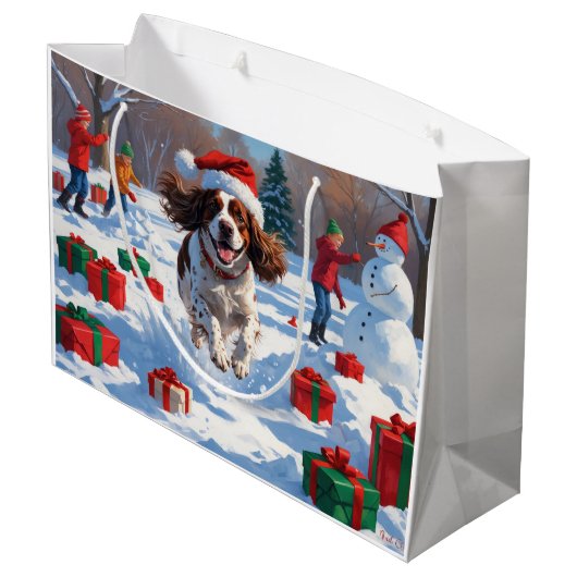 Brittany Spaniel Kerstfeest Sneeuwscène Groot Cadeauzakje (Achterkant Gekanteld)