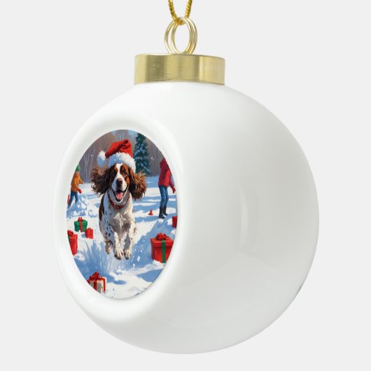 Brittany Spaniel Kerstfeest Sneeuwscène Keramische Bal Ornament (Rechts)