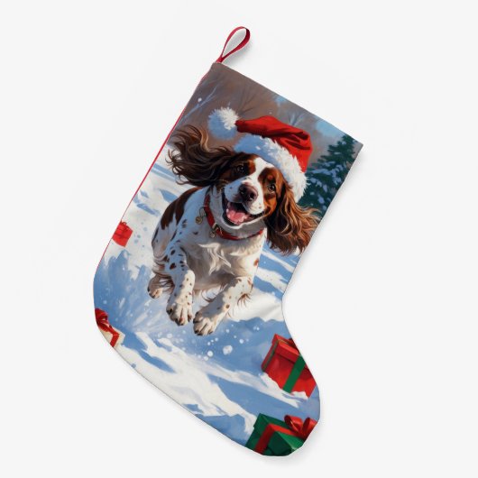 Brittany Spaniel Kerstfeest Sneeuwscène Kleine Kerstsok (Voorkant (Hangend))