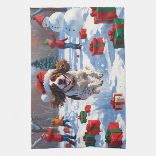 Brittany Spaniel Kerstfeest Sneeuwscène Theedoek (Verticaal)