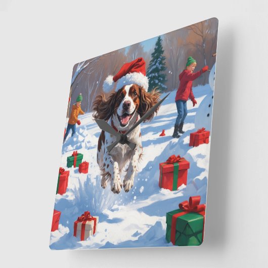 Brittany Spaniel Kerstfeest Sneeuwscène Vierkante Klok (Hoek)