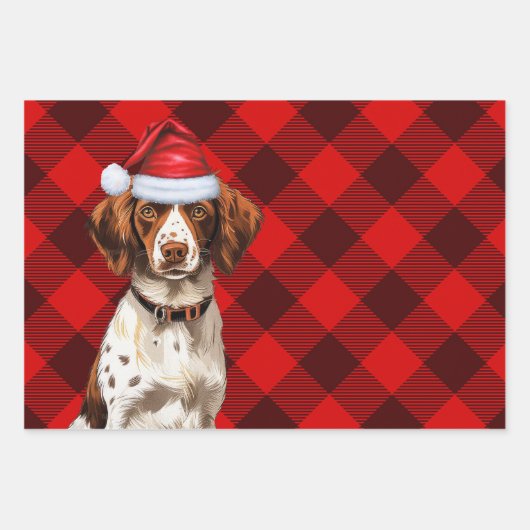 Brittany Spaniel Kersthond Red Buffalo Plaid Inpakpapier Vel (Voorkant 3)