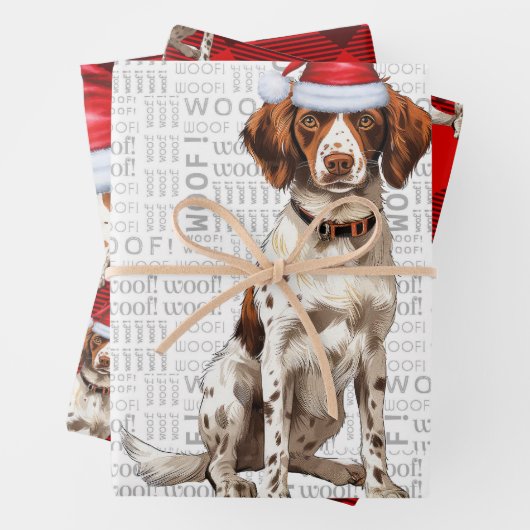 Brittany Spaniel Kersthond Red Buffalo Plaid Inpakpapier Vel (In situ)