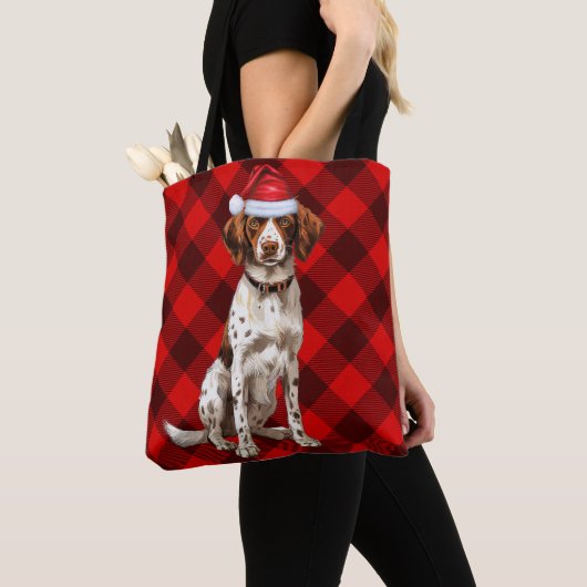 Brittany Spaniel Kersthond Rood Seizoensplaid Tote Bag (Dichtbij)