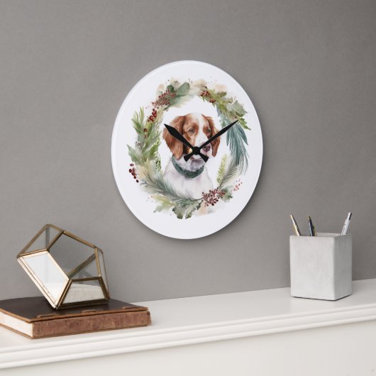 Brittany Spaniel Kerstkrans Festieve Pup Grote Klok (Kantoor)
