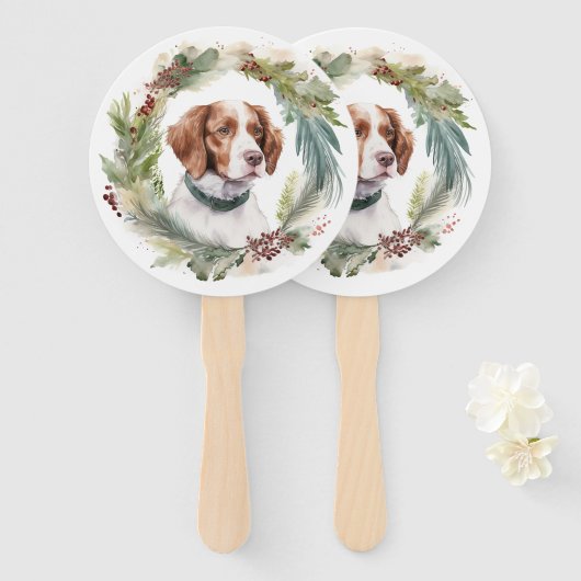 Brittany Spaniel Kerstkrans Festieve Pup Handwaaier (Voorkant en achterkant)