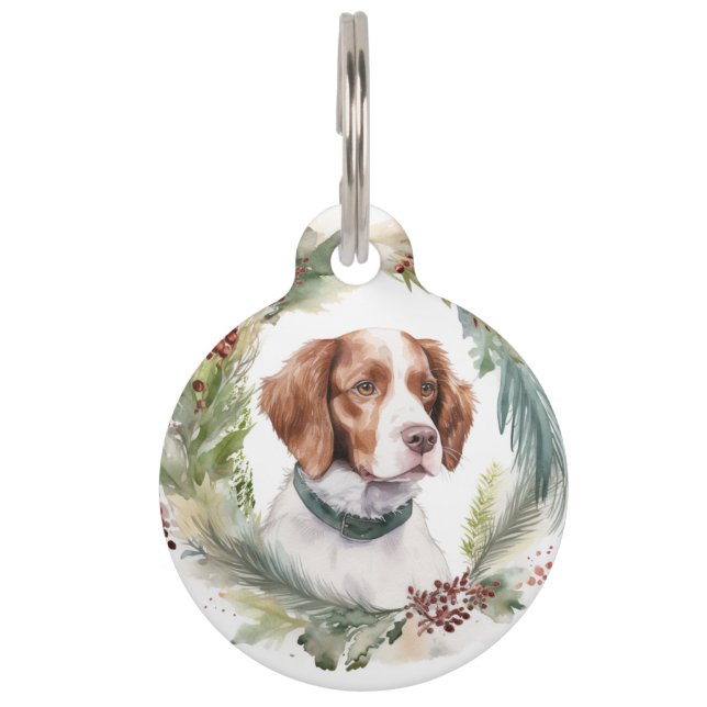 Brittany Spaniel Kerstkrans Festieve Pup Huisdierpenning (Voorkant)
