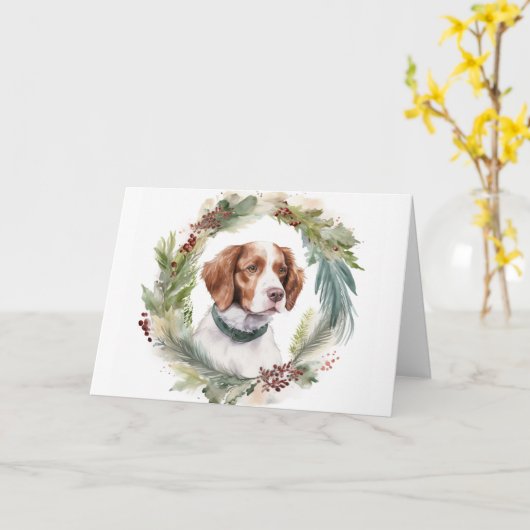 Brittany Spaniel Kerstkrans Festieve Pup Kaart (Gele Bloem)