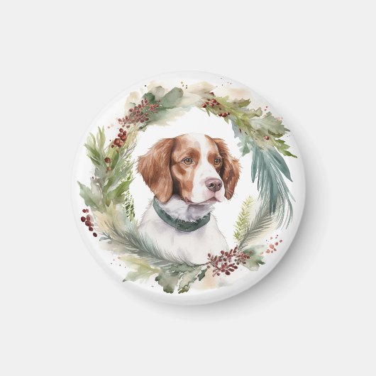 Brittany Spaniel Kerstkrans Festieve Pup Magneet (Voorkant)