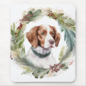 Brittany Spaniel Kerstkrans Festieve Pup Muismat (Voorkant)
