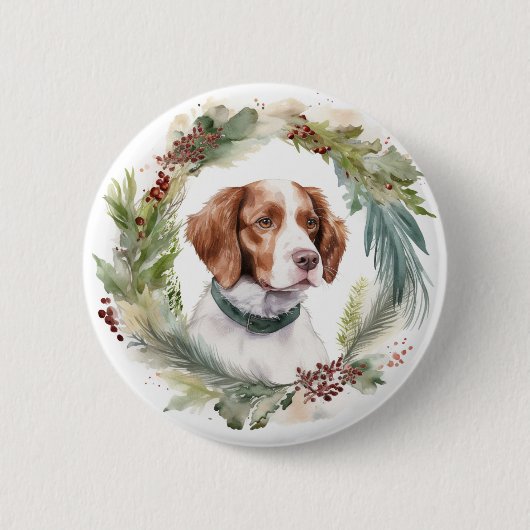 Brittany Spaniel Kerstkrans Festieve Pup Ronde Button 5,7 Cm (Voorkant)