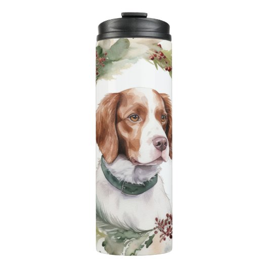 Brittany Spaniel Kerstkrans Festieve Pup Thermosbeker (Voorkant)
