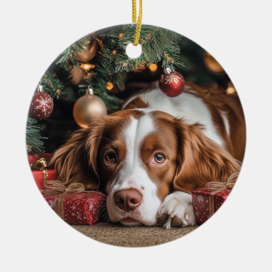 Brittany Spaniel Kerstmis Keramisch Ornament (Voorkant)