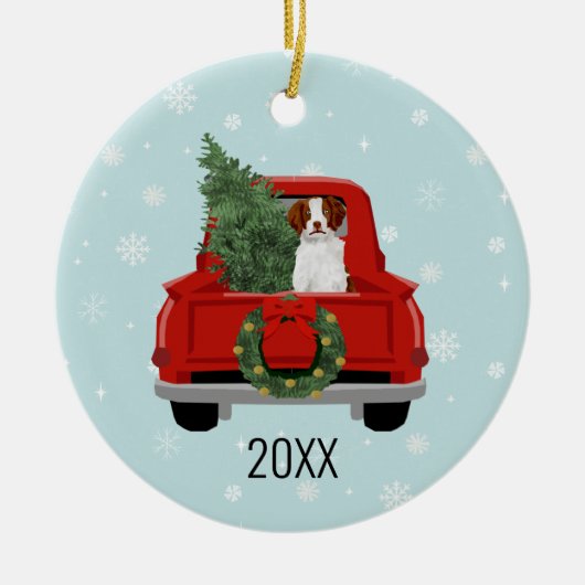 Brittany Spaniel kerstrood vrachtwagen Keramisch Ornament (Voorkant)